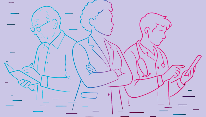 Illustratie van drie generaties zorgprofessionals: een oudere man met notitieboek, een vrouw in doktersjas en een jongere man met stethoscoop en tablet