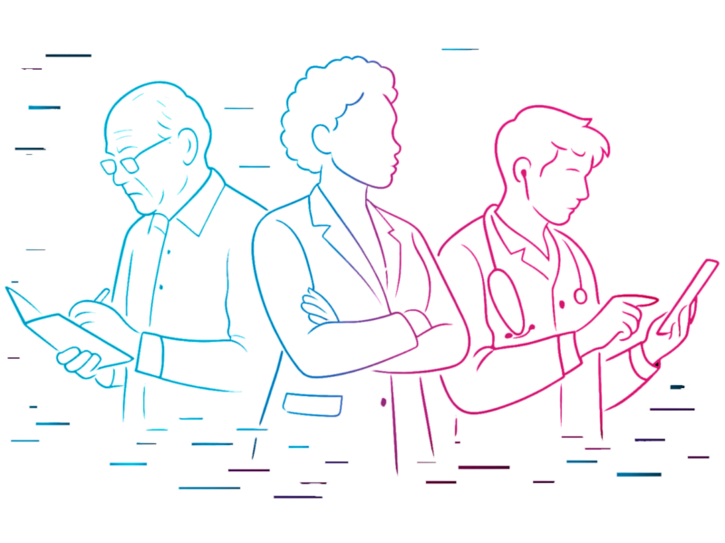 Illustratie van drie generaties zorgprofessionals: een oudere man met notitieboek, een vrouw in doktersjas en een jongere man met stethoscoop en tablet