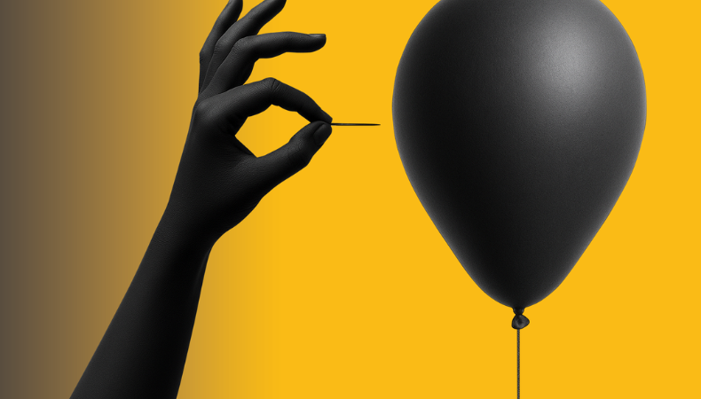 Hand met een naald en een ballon.